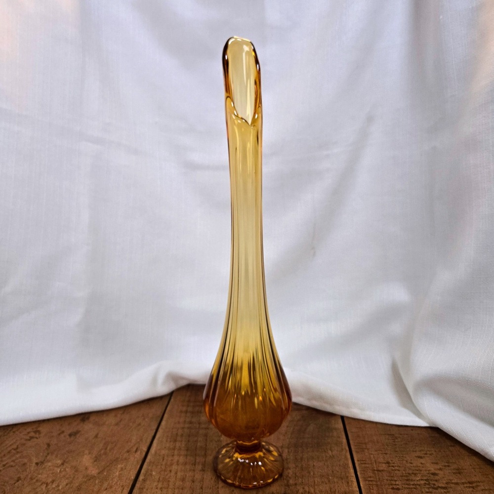 Vintage MCM Amber Glass Swung Vase 17" Fluted Pedestal Art Glass
